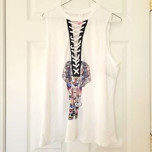 XXXL, white tank top, elephant design, low cut, flowy